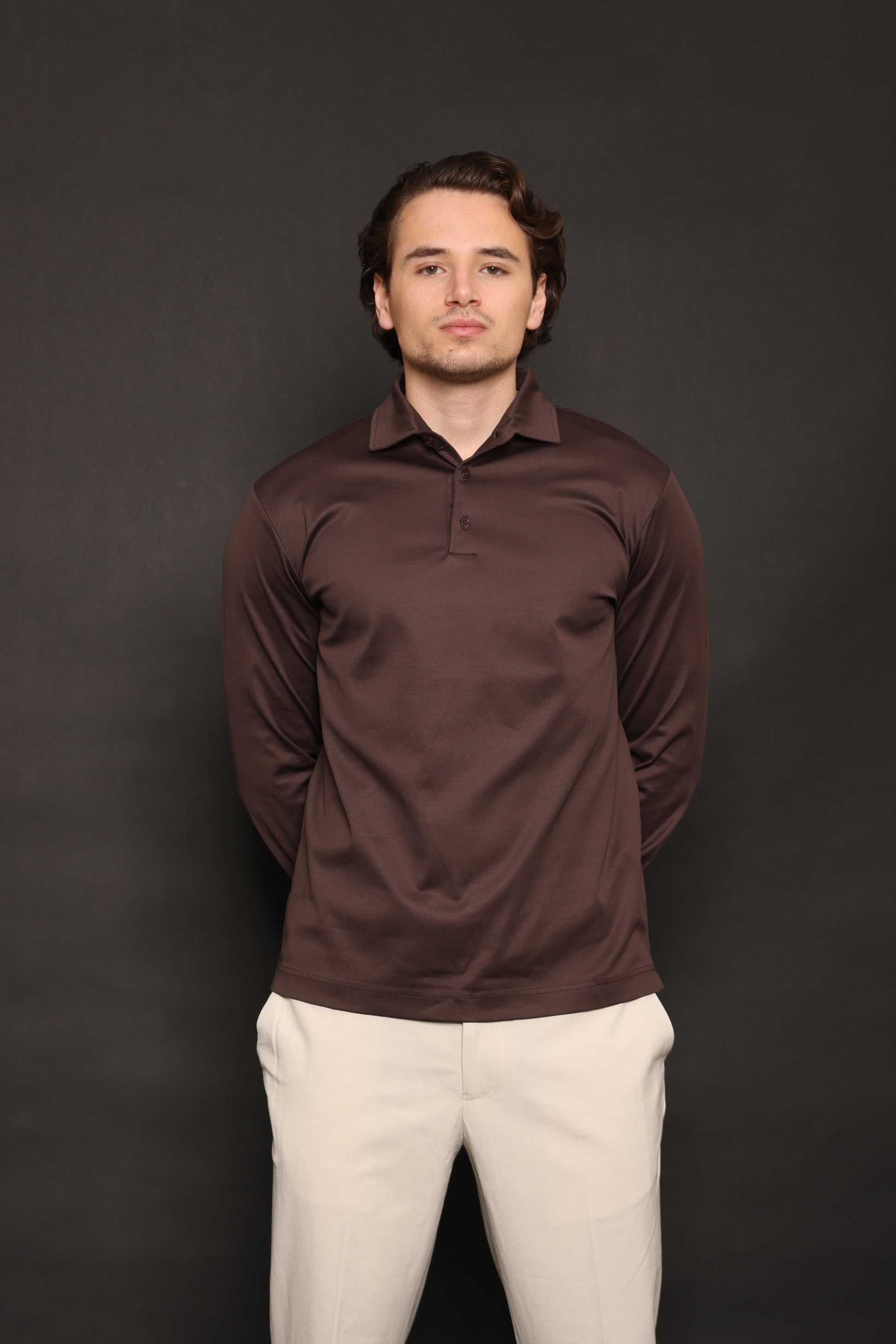 Bruin lange mouwen polo supima katoen glans all season shirt dubbel jersey double jersey pima ebano 