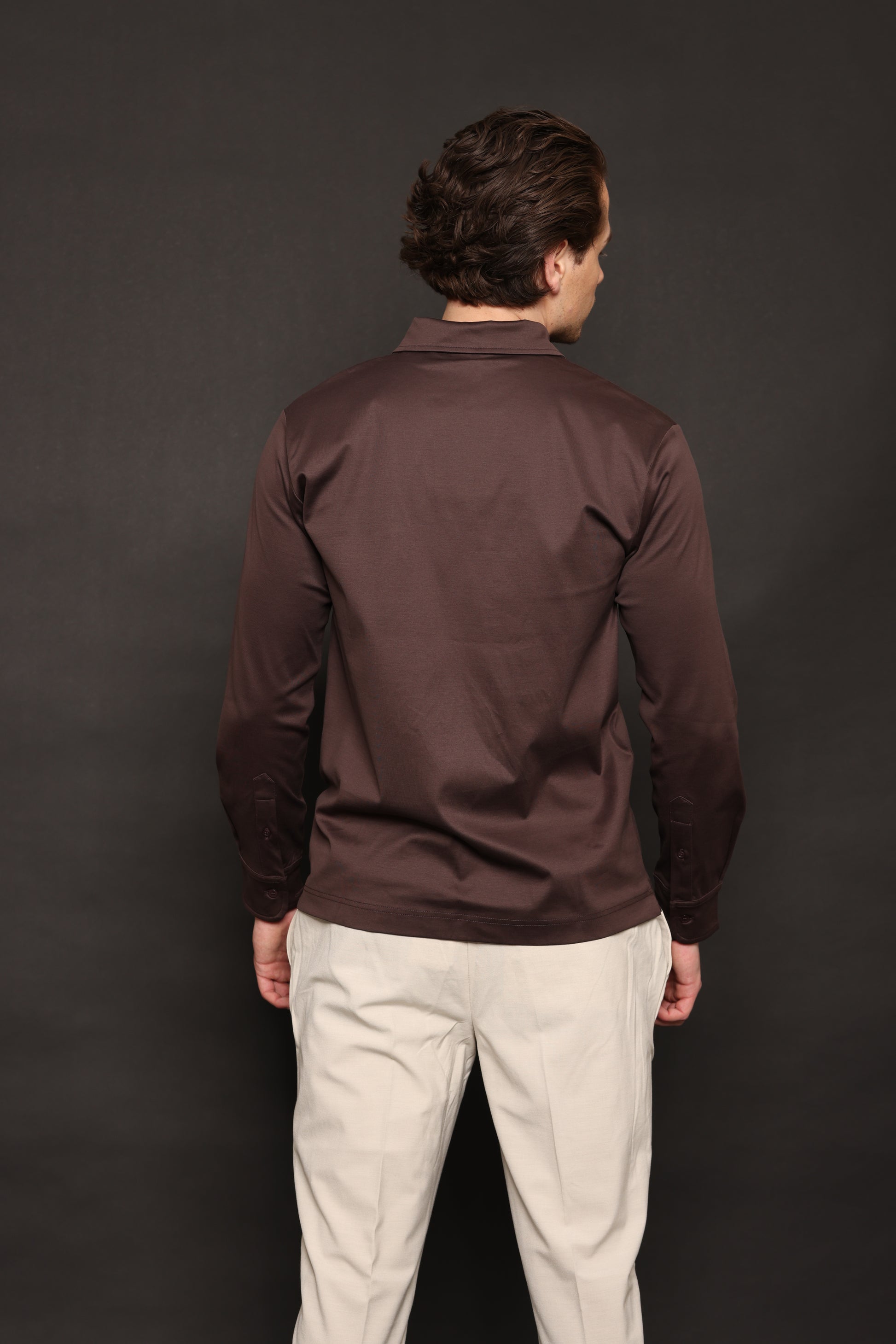 Bruin lange mouwen polo supima katoen glans all season shirt dubbel jersey double jersey pima ebano 