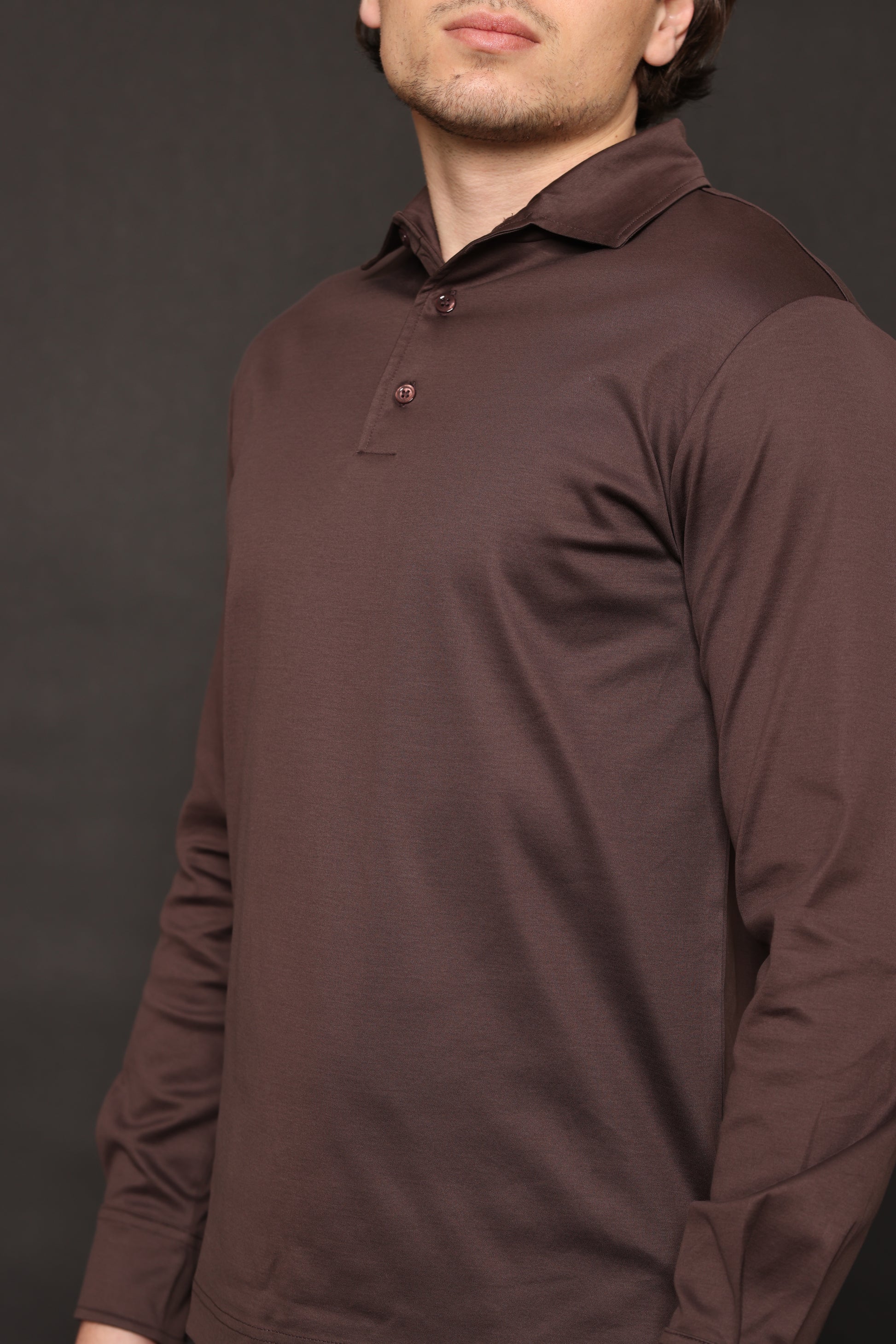 Bruin lange mouwen polo supima katoen glans all season shirt dubbel jersey double jersey pima ebano 
